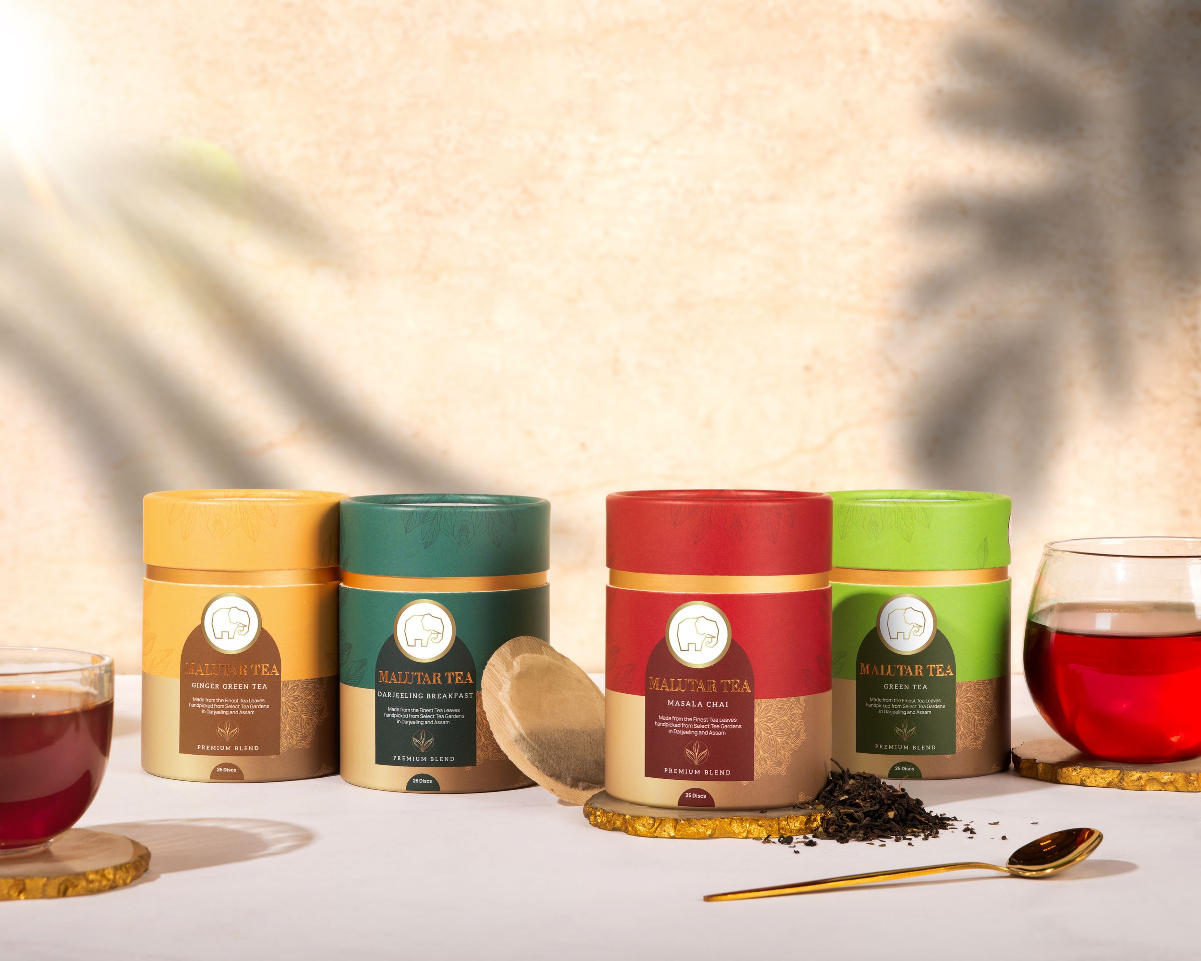 The full Malutar tea collection, in tins on a shelf
